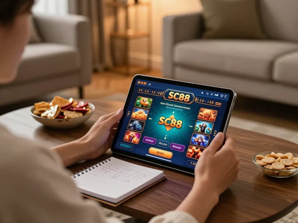 Engaging online casino gaming experience with SC88 app on tablet in comfortable setting.