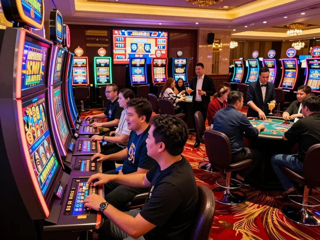 Engaging scene of players at a kerajaanslot-themed casino, showcasing excitement and vibrant lighting.