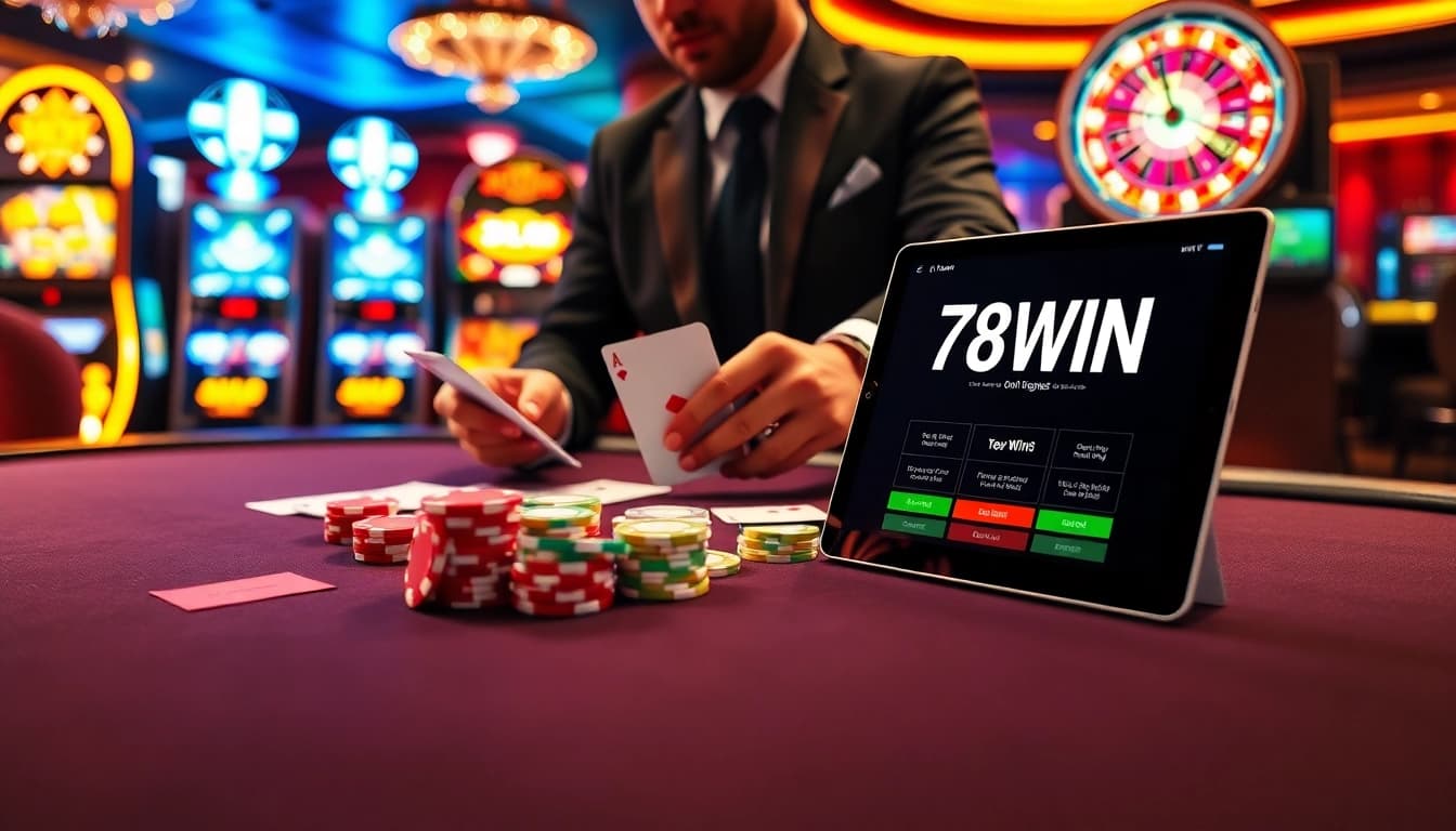 Experience the thrill of gambling at 78WIN with vibrant casino elements like poker chips and roulette.