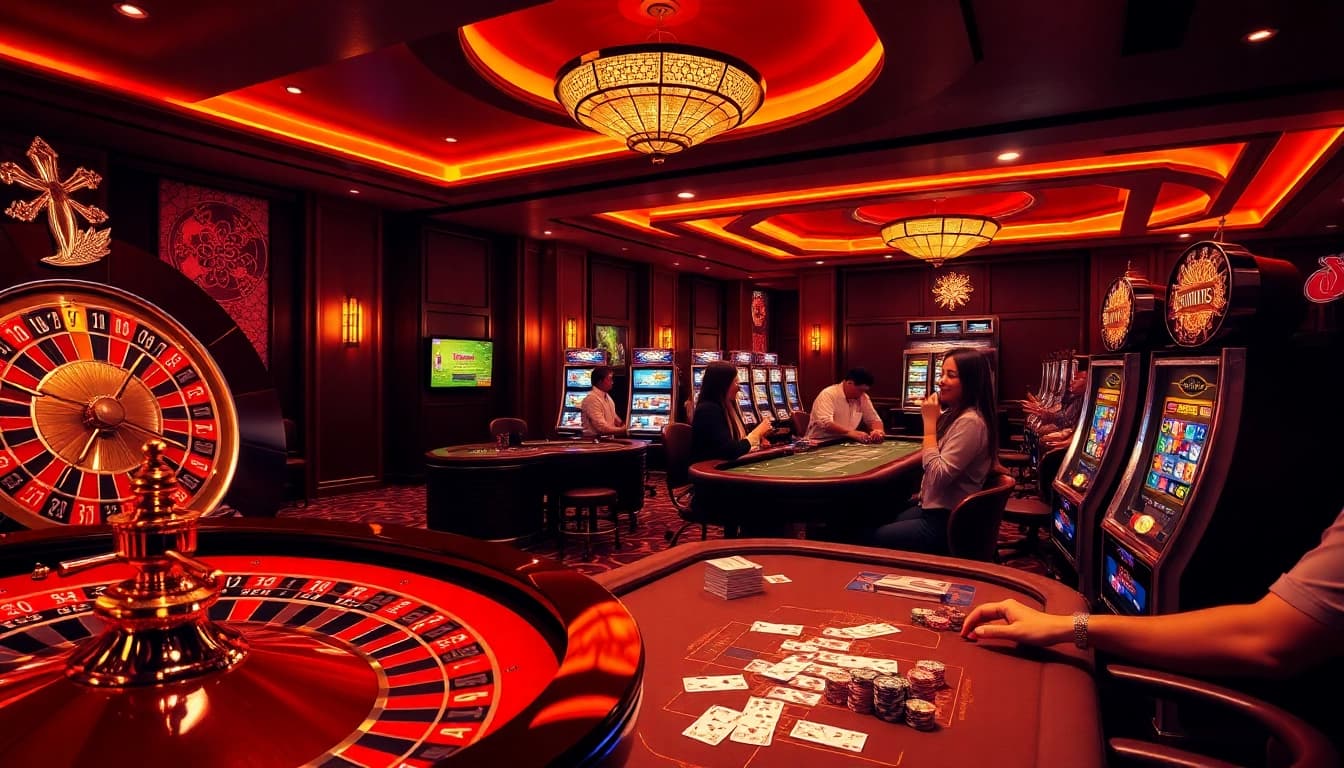 Exciting scene from nhà cái rr88 showcasing casino games with roulette, poker, and vibrant slot machines.