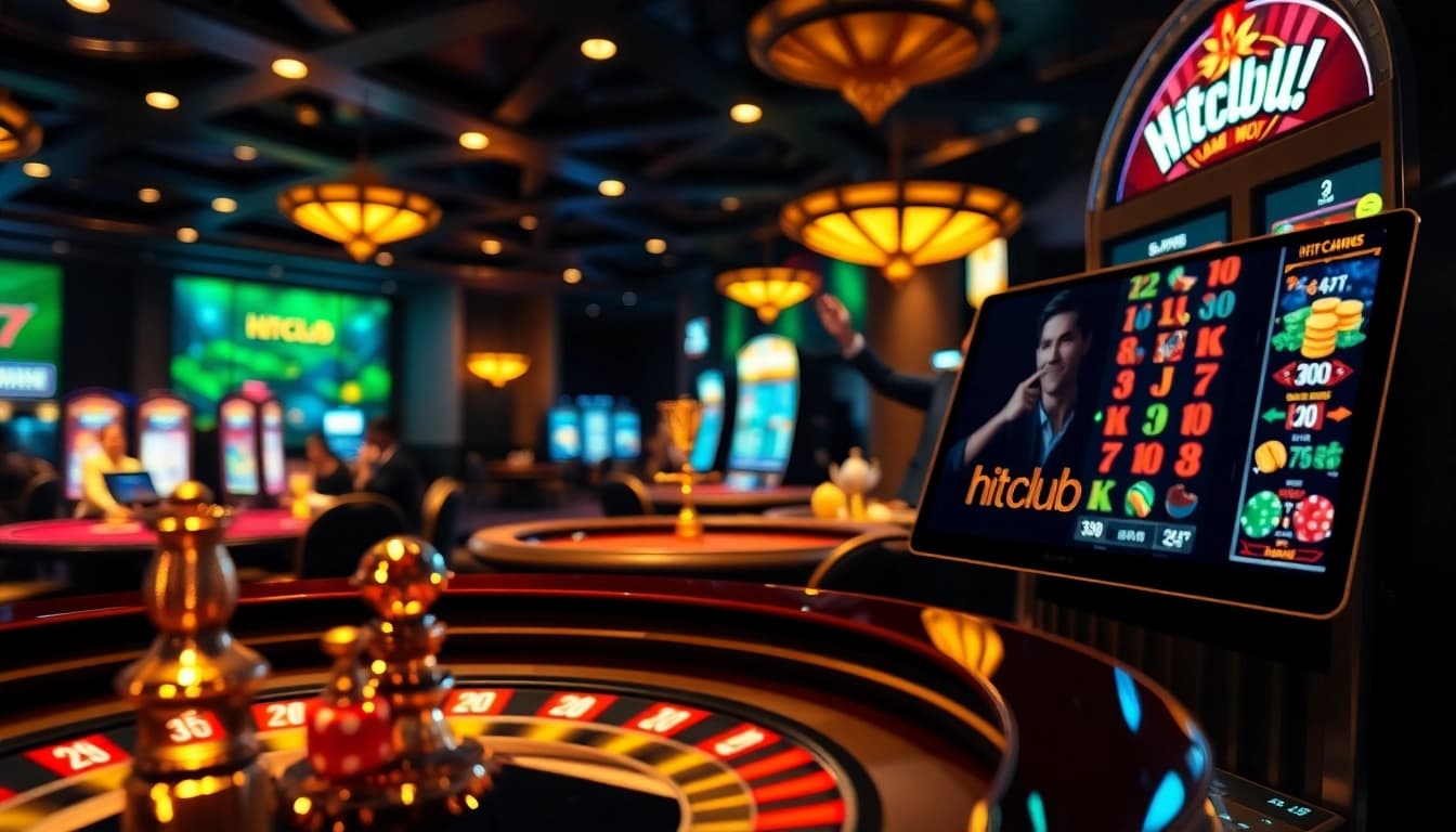 Hitclub poker chips stacked atop a table, emphasizing strategic gameplay in a luxurious casino setting.