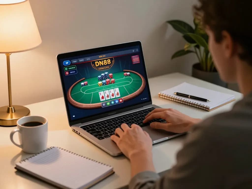 Engaging with DN88's poker interface during an online gaming session, showcasing strategic gameplay.
