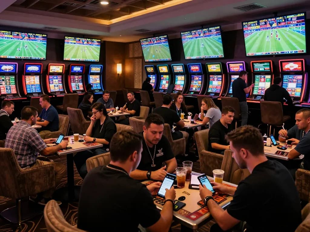 Engaging sports betting scene showcasing tỷ lệ kèo nhà cái hôm nay with enthusiastic bettors interacting with live odds and game statistics.
