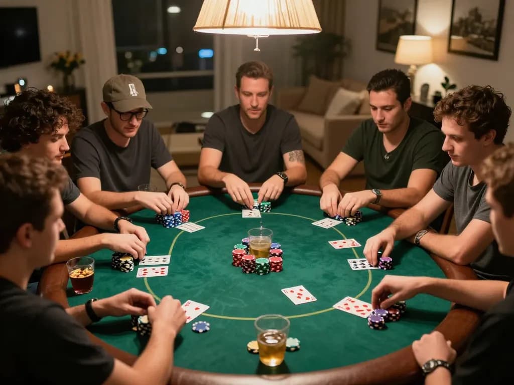 Engaging home poker night featuring friends playing with rik vip cards and colorful chips around a table