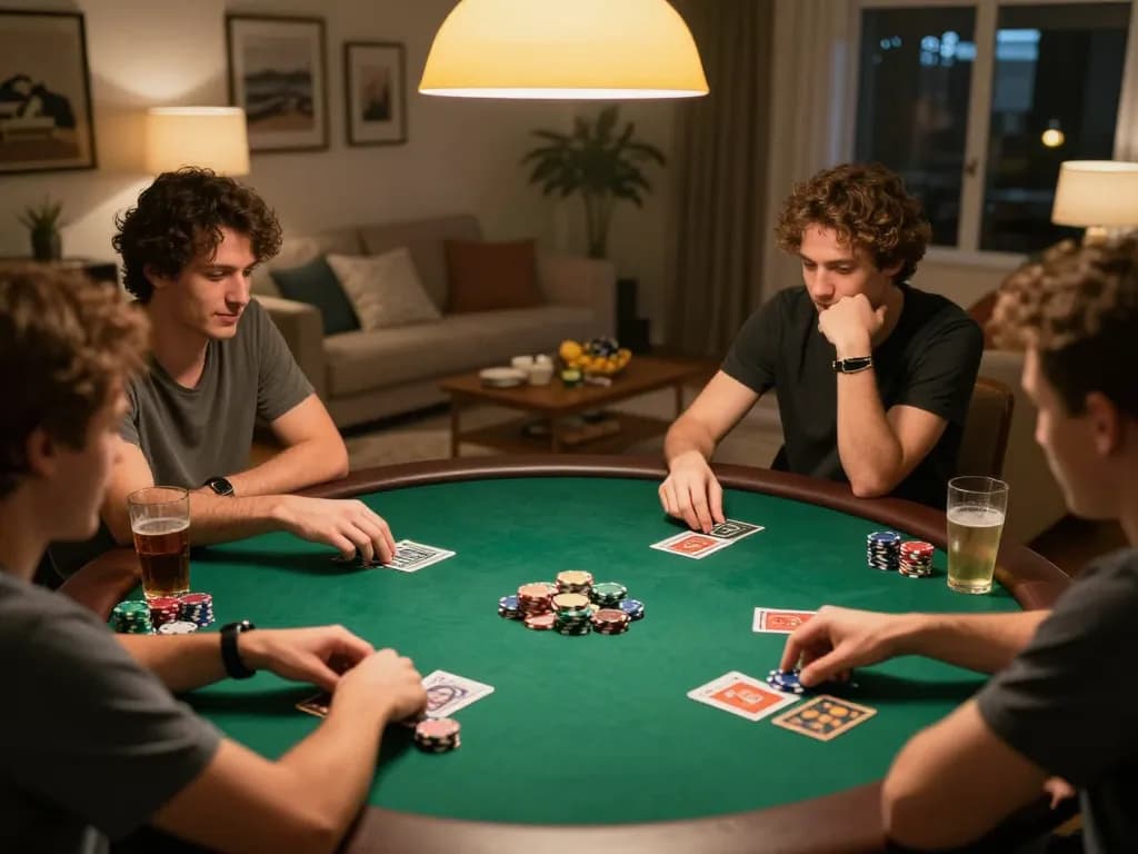 Friends enjoying a lively poker night with chips and cards visible while engaging in strategy, Go8 home setting atmosphere.