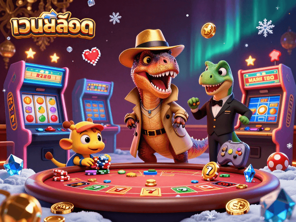 Engage with เว็บสล็อต through a vibrant 3D scene of cartoon characters at a lively blackjack table.