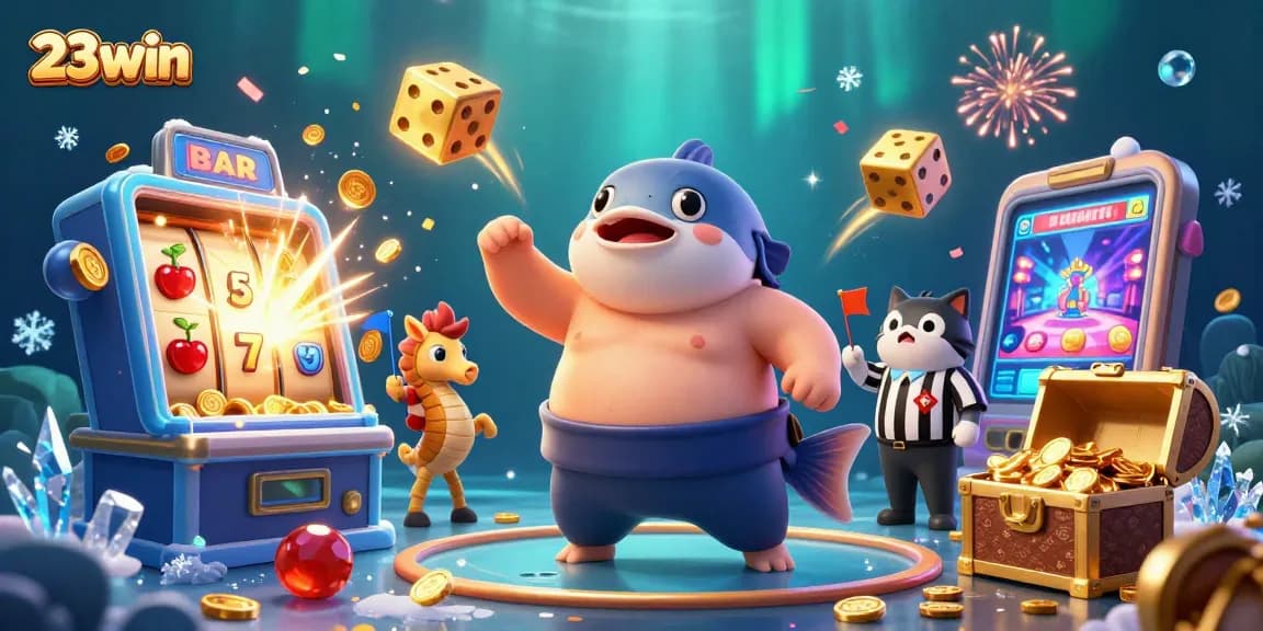 Experience the excitement of 23win with a lively underwater casino scene featuring characters and games.