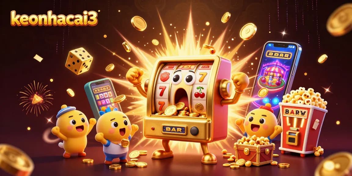 Keonhacai3 shows golden slot machine hitting jackpot with vibrant casino scene and dynamic elements