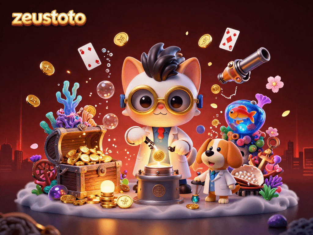 Witness zeustoto’s thrilling casino adventure with cartoon characters amidst treasures and vibrant gaming elements.