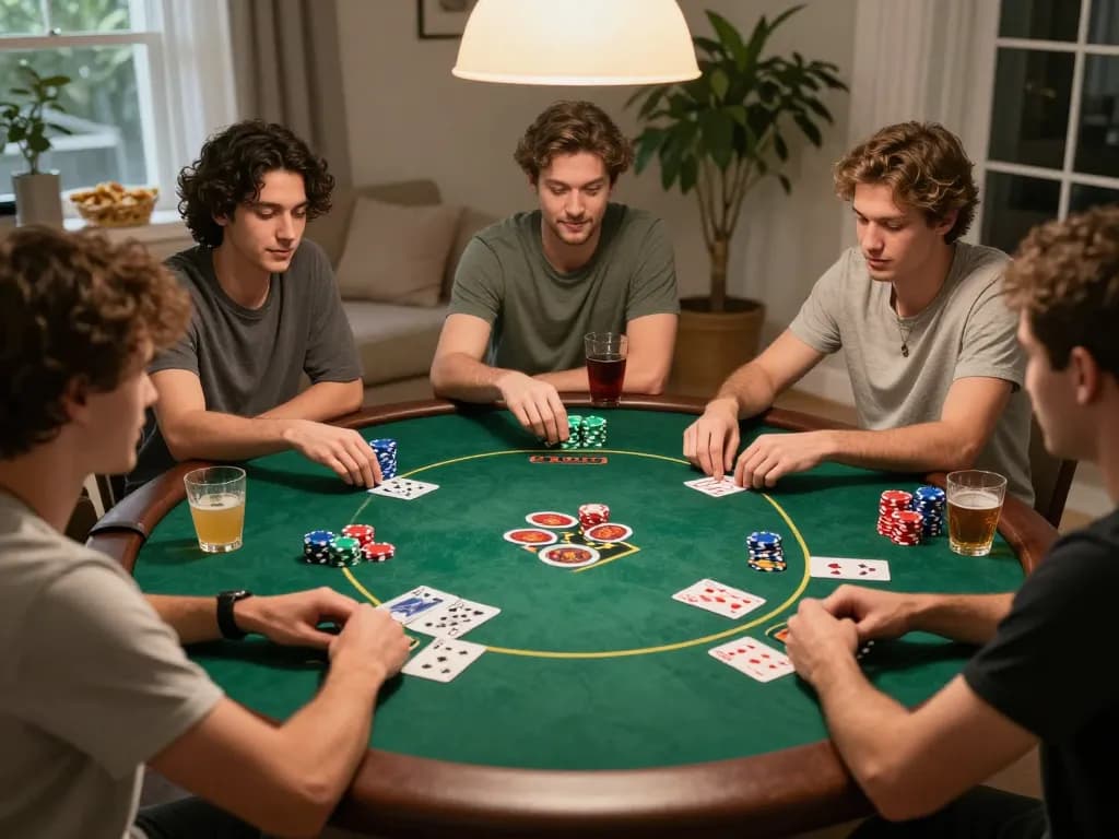Malam poker KENZOTOTO bersama teman-teman yang menikmati strategi Texas Hold'em di sekitar meja yang nyaman.