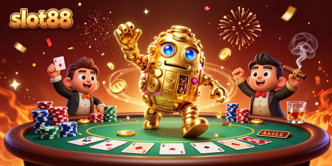 Menang dengan slot88, simbol mesin slot dan koin emas mengelilingi karakter golem berkilau.