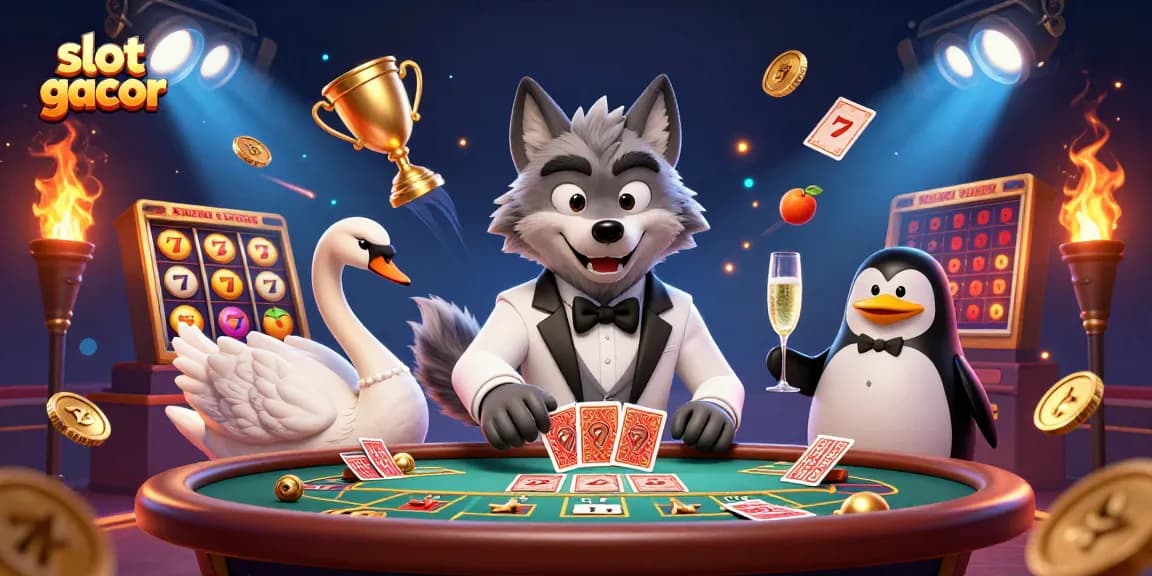 Slot gacor yang menampilkan karakter kasino dengan elemen slot yang menarik dan memikat.