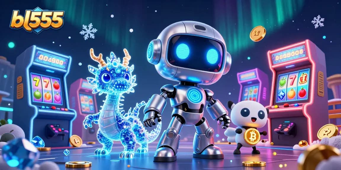 Spin and win at bl555, featuring a vibrant 3D illustration of a futuristic robot and gaming elements.