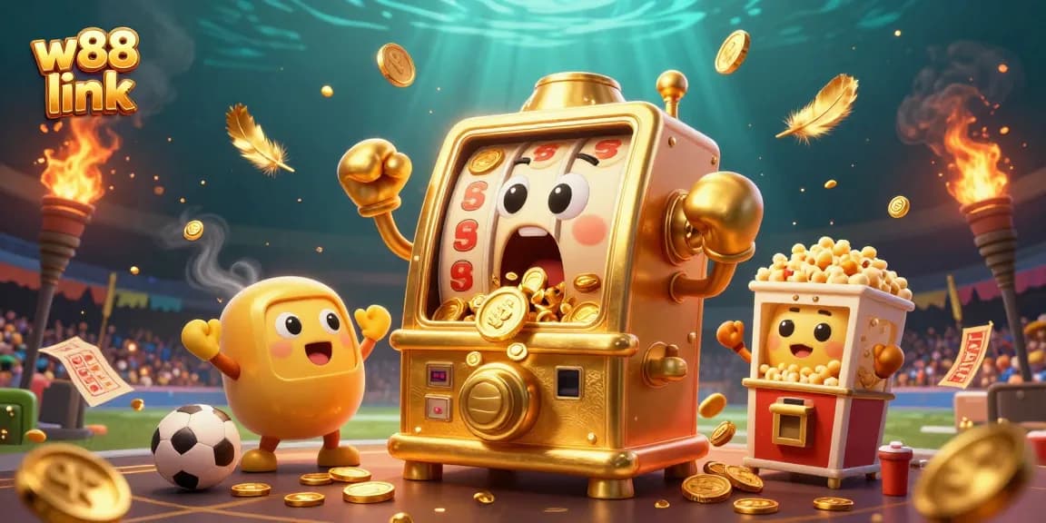 Engage with thrilling bets on the W88 link, featuring a jubilant slot machine cashing in big!