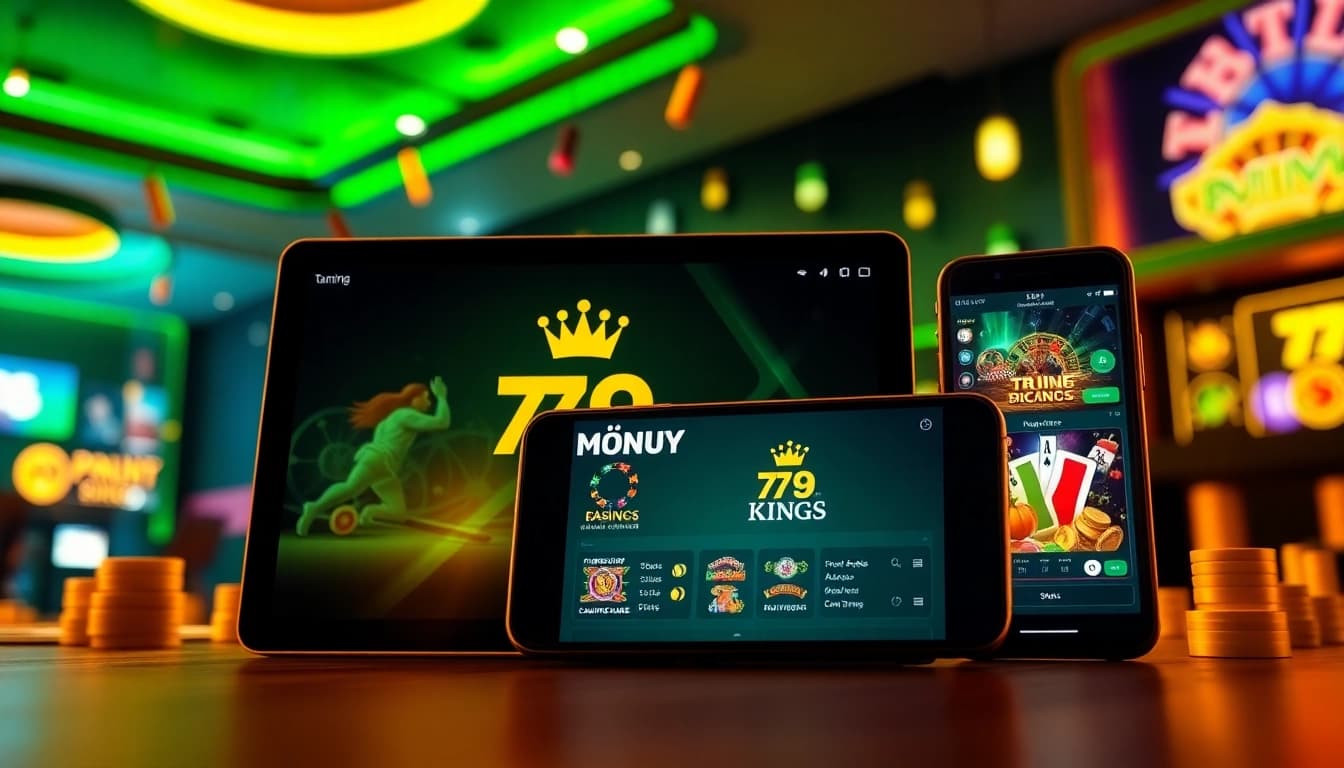 79king online casino gaming interface with sleek mobile devices highlighting exciting games and vibrant ambiance.