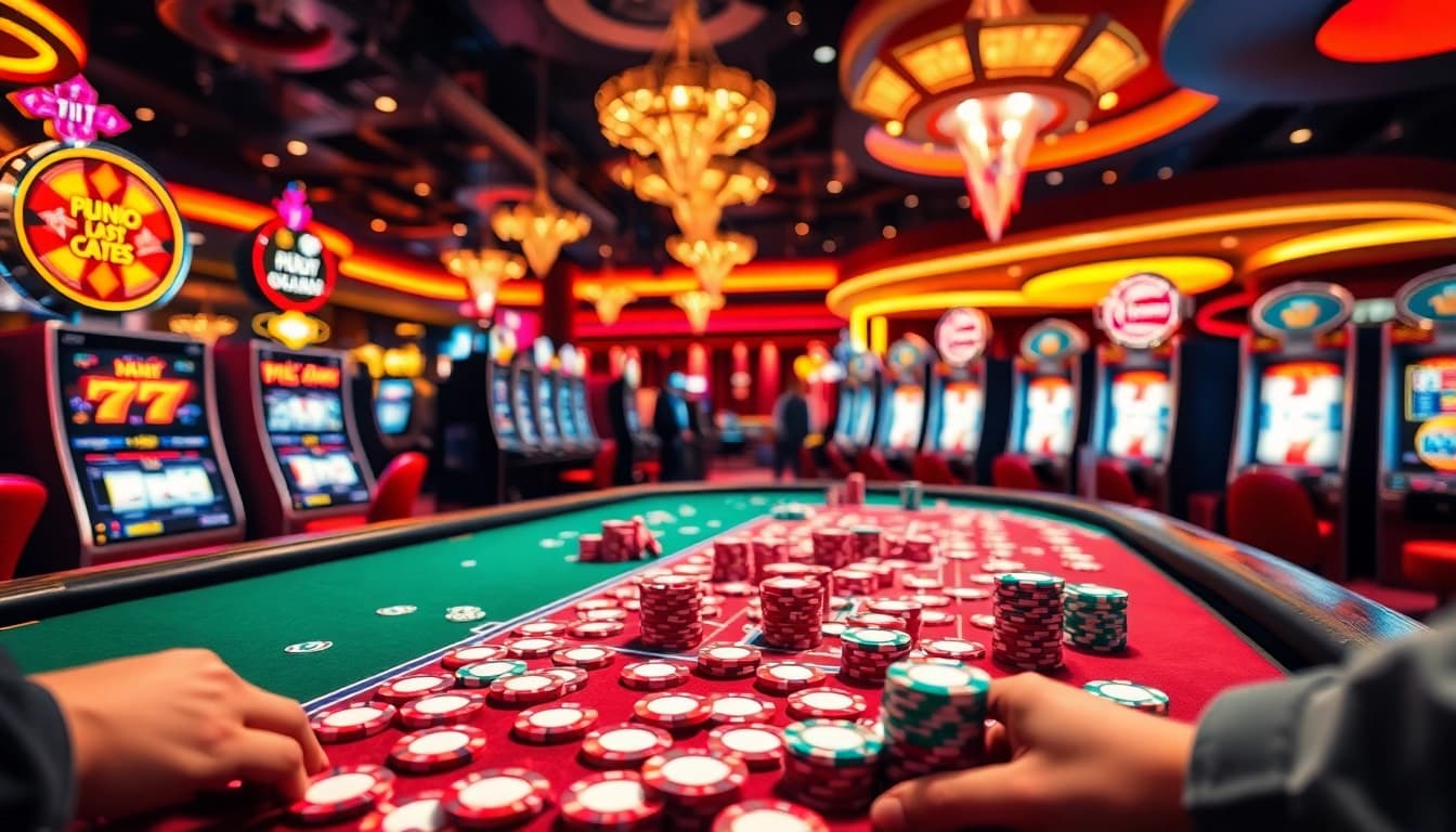 Situs toto di tengah suasana casino yang meriah dengan pemain dan permainan kasino menarik.
