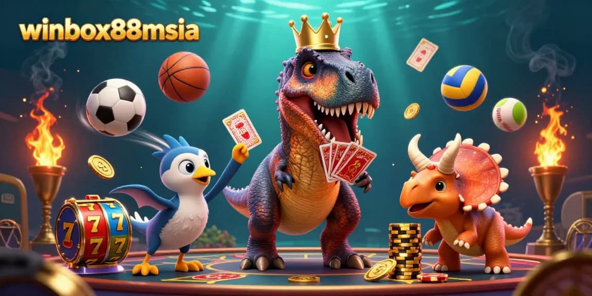 Experience thrilling gameplay with winbox88msia's unique 3D casino scene featuring engaging characters and vibrant gaming elements.