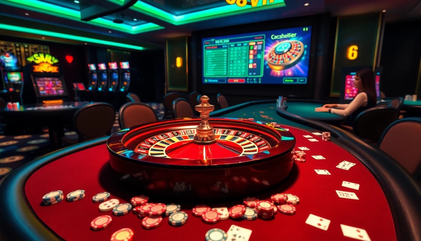 Exciting gameplay during Đăng Nhập Nhà Cái 68VIP, featuring vibrant casino elements and players engaging in thrilling bets.