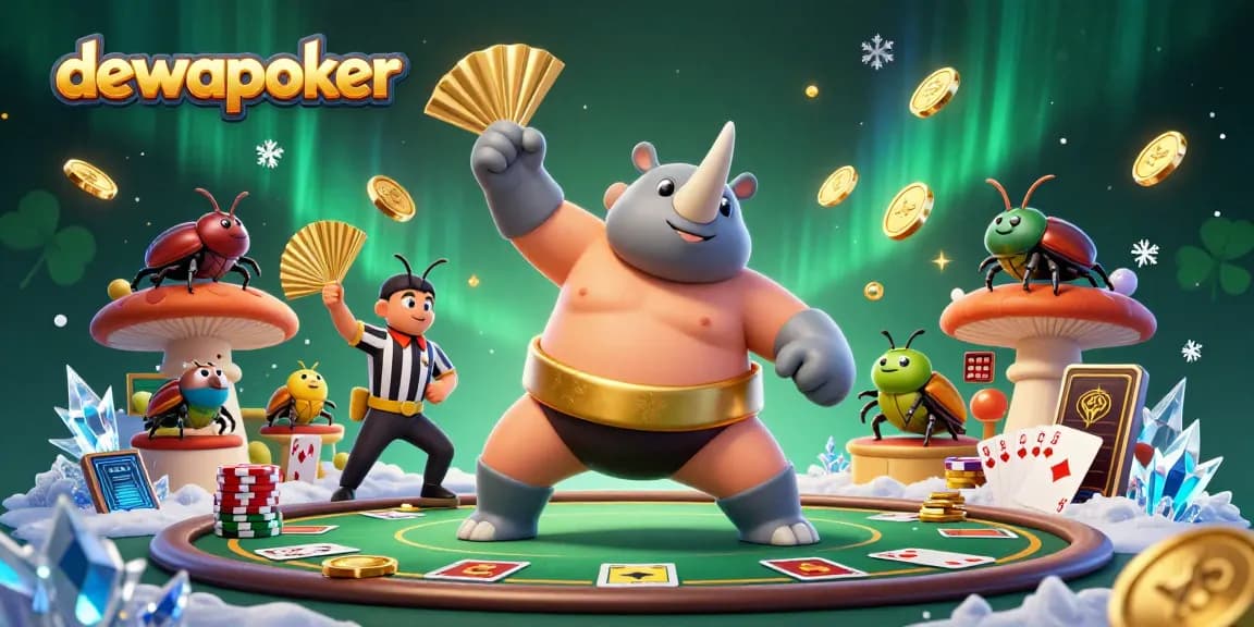Experience dewapoker with thrilling poker action featuring a cartoon beetle champion surrounded by vibrant casino elements.