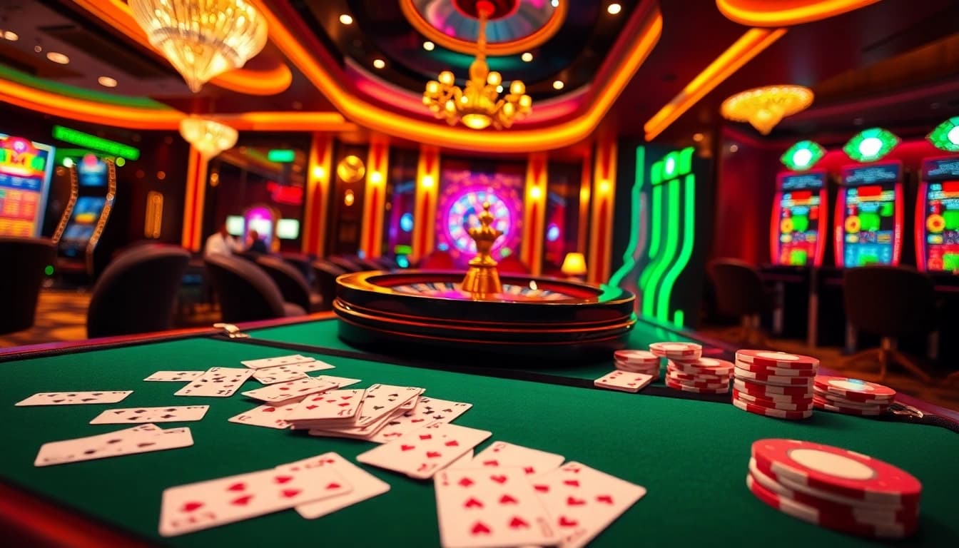 Experience the thrill of online gambling at tại nohu90 with vibrant casino tables and slot machines.