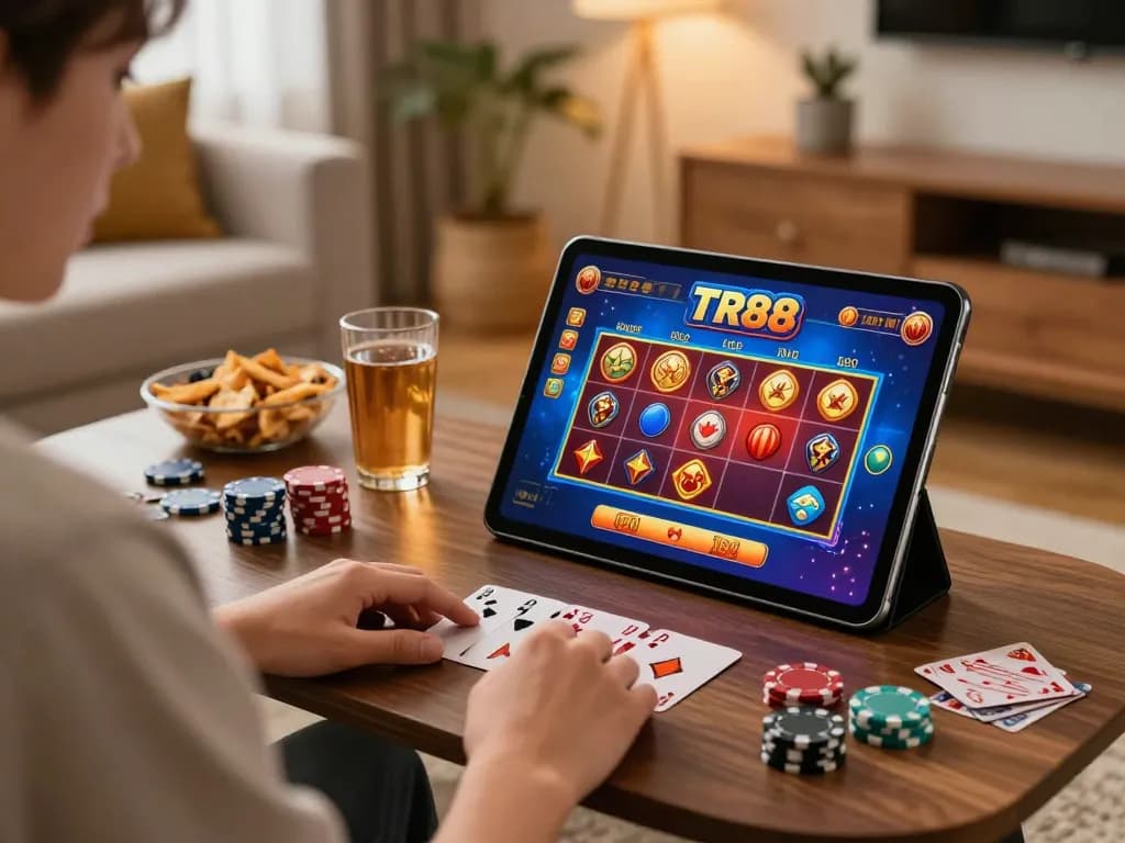 Engaging user playing the TR88 game on a tablet in a cozy living room setting, creating an immersive online gambling experience.