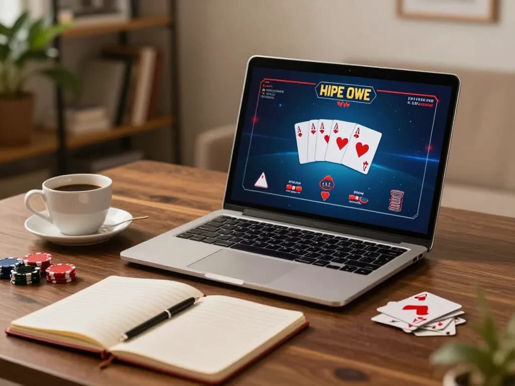 Engaging in online poker at NET88, showcasing gameplay on laptop with cozy home atmosphere.