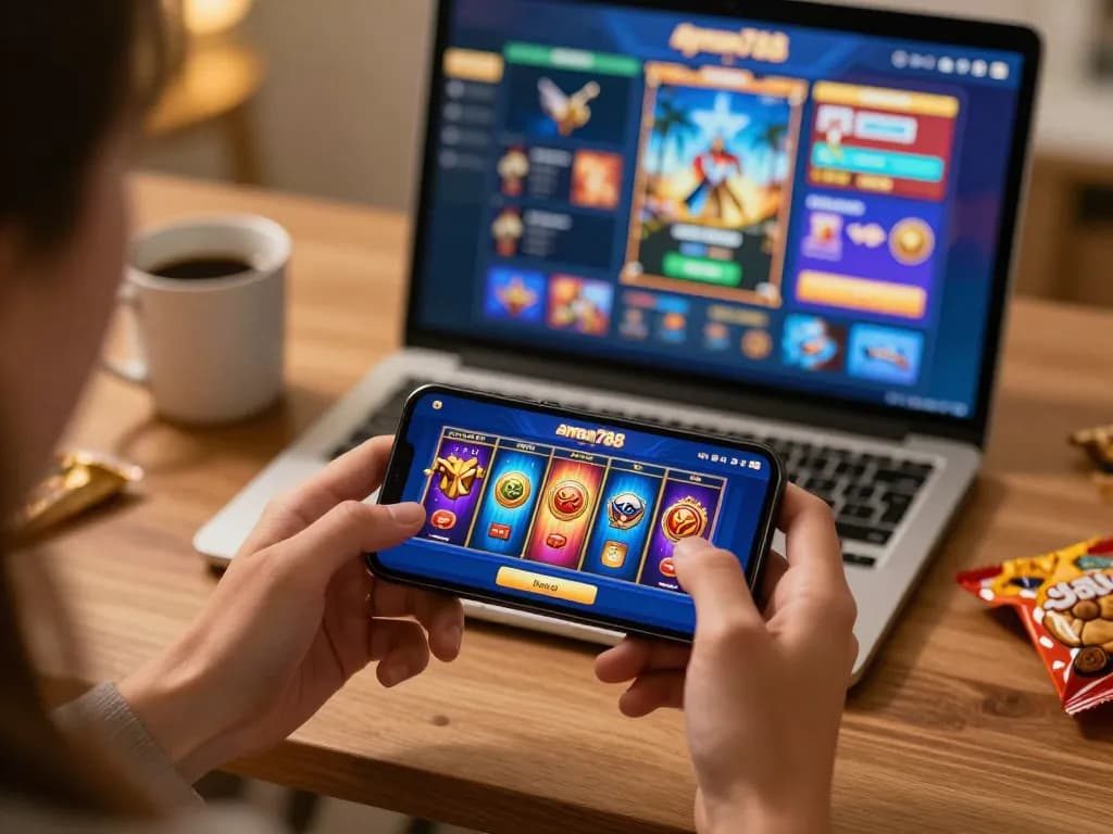 Berinteraksi dengan aplikasi aman788 slot gacor di smartphone, menampilkan kegembiraan dalam permainan online