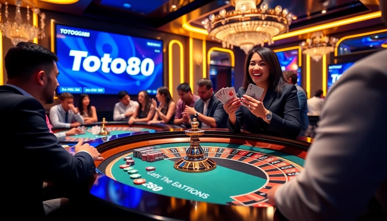 Players celebrating a win at the Totogg88 branded roulette table in a stylish casino.