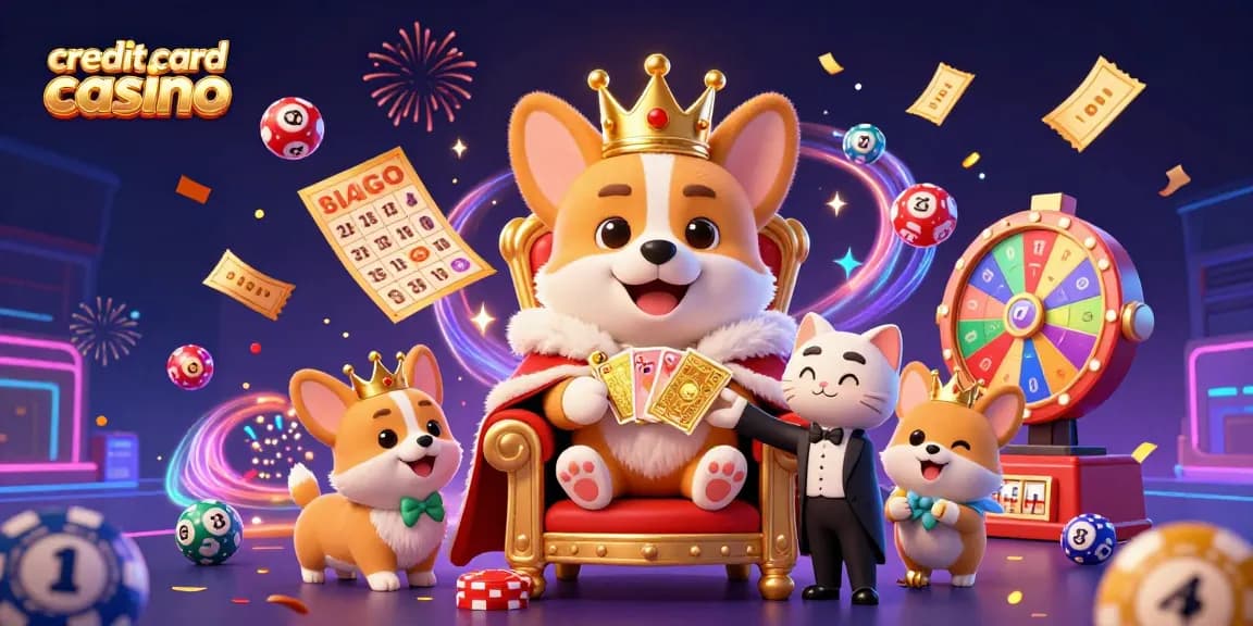 Experience the excitement of a credit card casino with vibrant characters and festive gaming elements.
