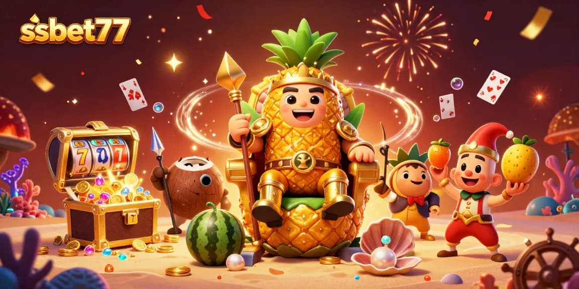 Join the excitement at ssbet77 with vibrant 3D illustration of a golden pineapple king in a casino.