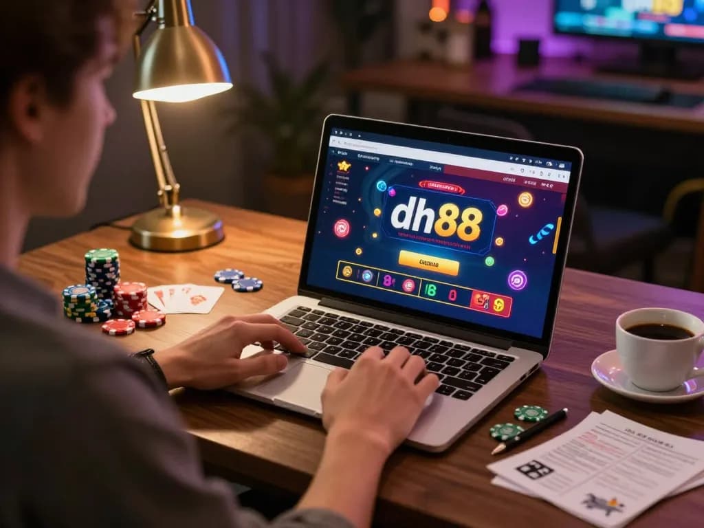 Engaged player enjoying dh88 gaming app on laptop, showcasing colorful poker elements and cozy atmosphere.