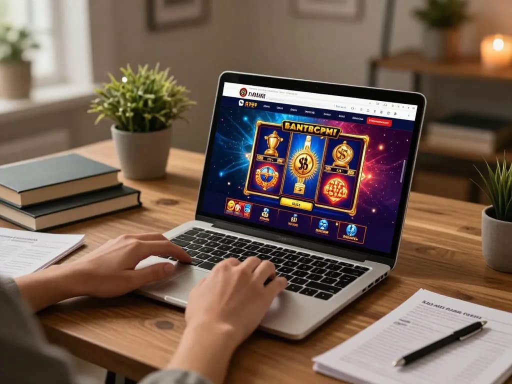 Permainan yang menarik pada permainan slot 88Pulsa ditampilkan di laptop, menangkap pengalaman kasino online yang mendalam.