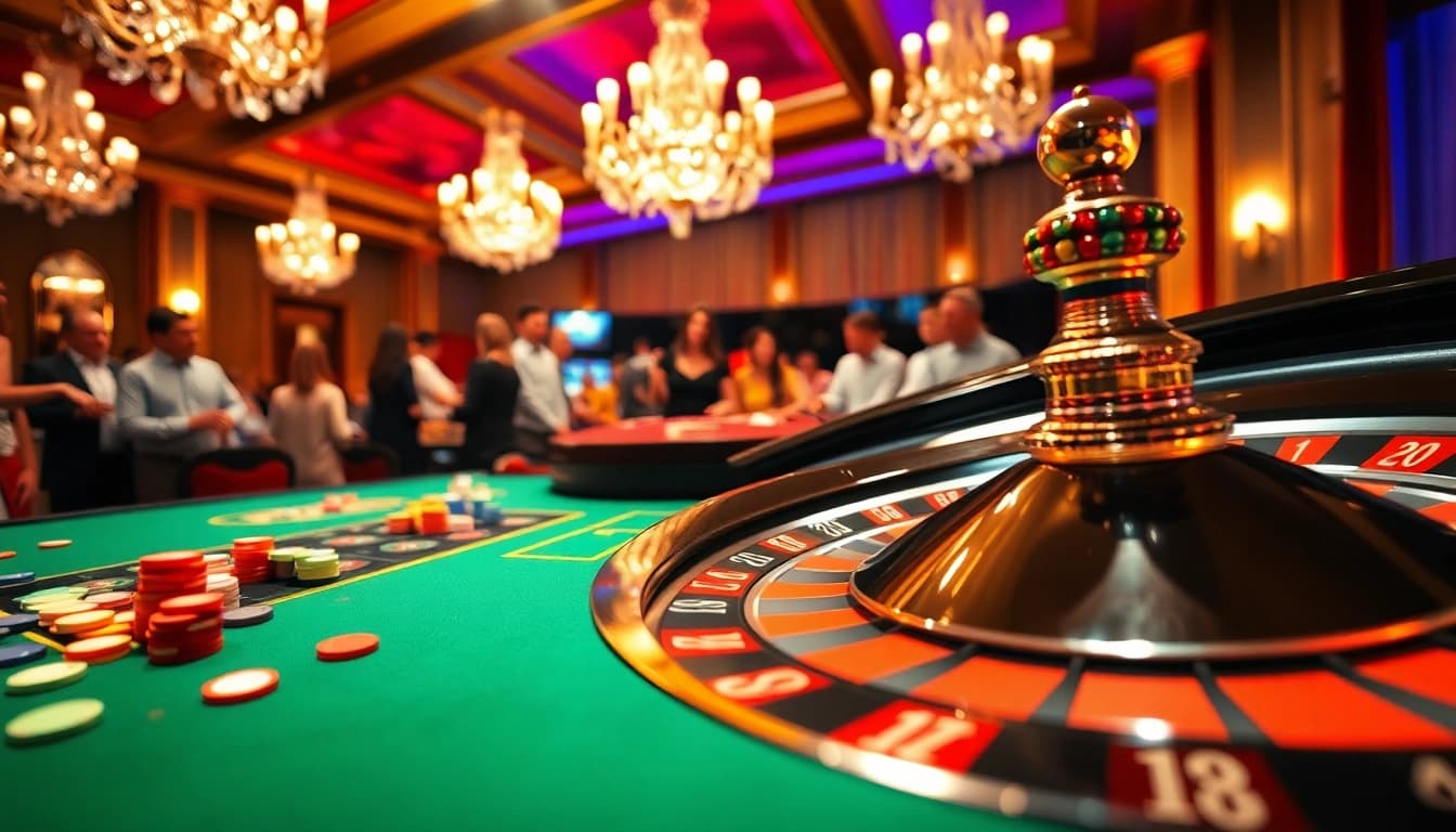 Experience the thrill of an online casino at a vibrant roulette table with eager players.