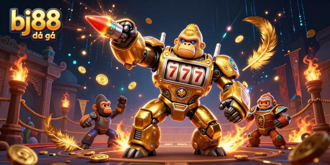 Experience thrilling bj88 đá gà action in a dynamic illustration featuring a golden gorilla mech.