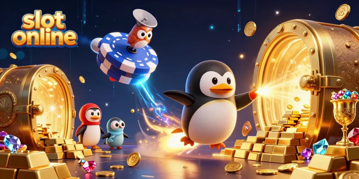 Experience thrilling slot online action with a golden penguin soaring through a dazzling casino universe.