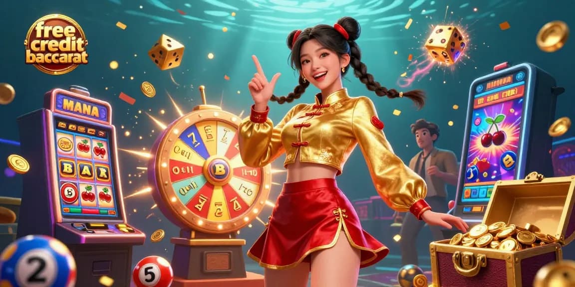 Explore free credit baccarat gaming with vibrant visuals of promotional excitement and engaging gameplay.