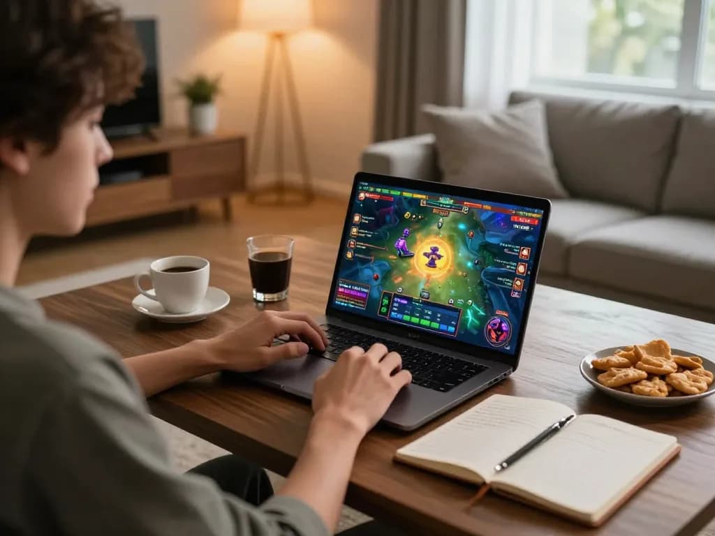 Person playing togel online on a laptop, creating a cozy gaming environment with snacks.