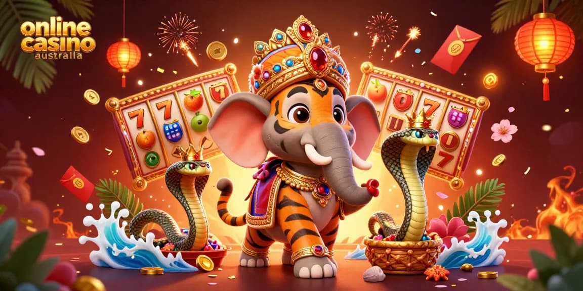 Experience the vibrant action of online casino australia with a colorful 3D carnival scene featuring exotic characters and game symbols.