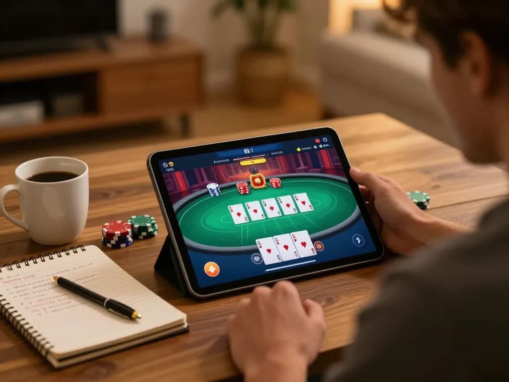 n188 đăng nhập on a tablet during an online poker game with cozy home setup details.