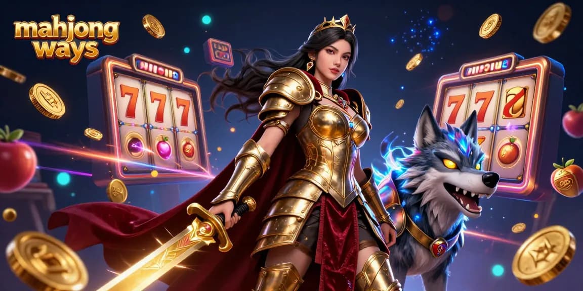 Play Mahjong Ways with exciting visuals of a warrior queen and slot elements for thrilling wins.
