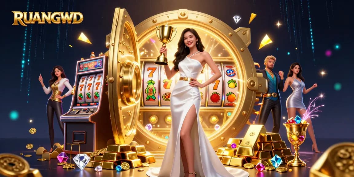 Win big with RUANGWD while enjoying stunning 3D casino illustration featuring vibrant slot gaming elements.
