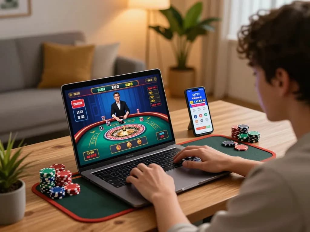 Engaging in live sg777 casino gaming with laptop and smartphone at home.