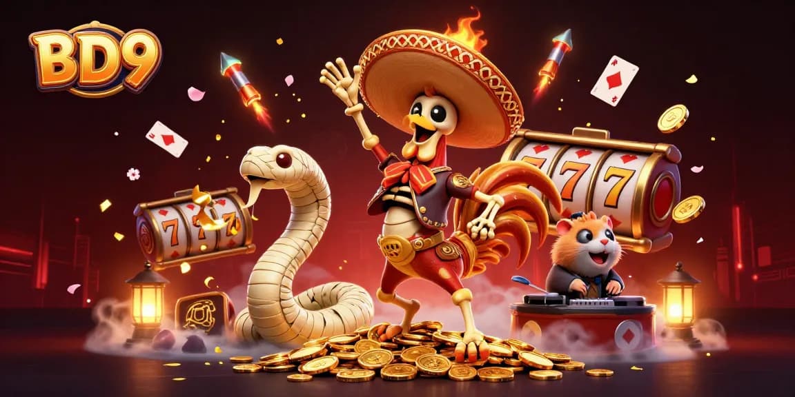 BD9 brings thrilling casino action with a vibrant 3D illustration of a festive casino scene featuring characters celebrating on golden coins.