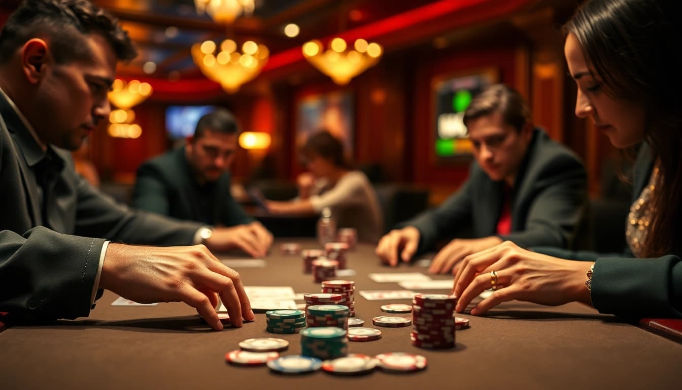 Engaging poker game setup showcasing players focused on their hands and chips.