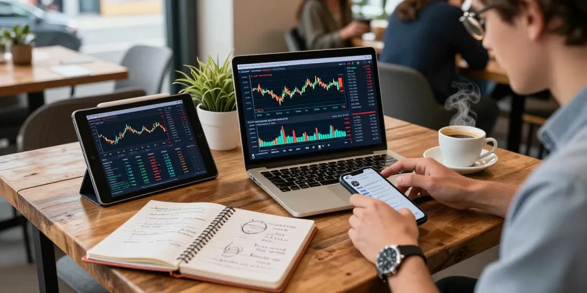 Cricbet cryptocurrency trading scene in a coffee shop with live Bitcoin charts, DeFi insights, and digital wallet on display.