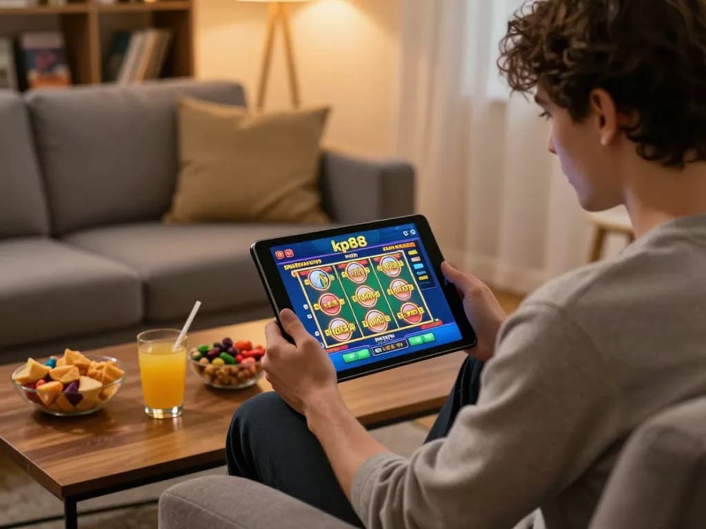 Engaging with the app kp88 while playing an exciting online slot game in a cozy living room.