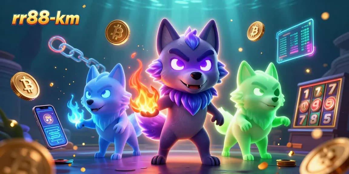 Engage with rr88-km in this vibrant casino scene featuring wolves, crypto coins, and slot machines.