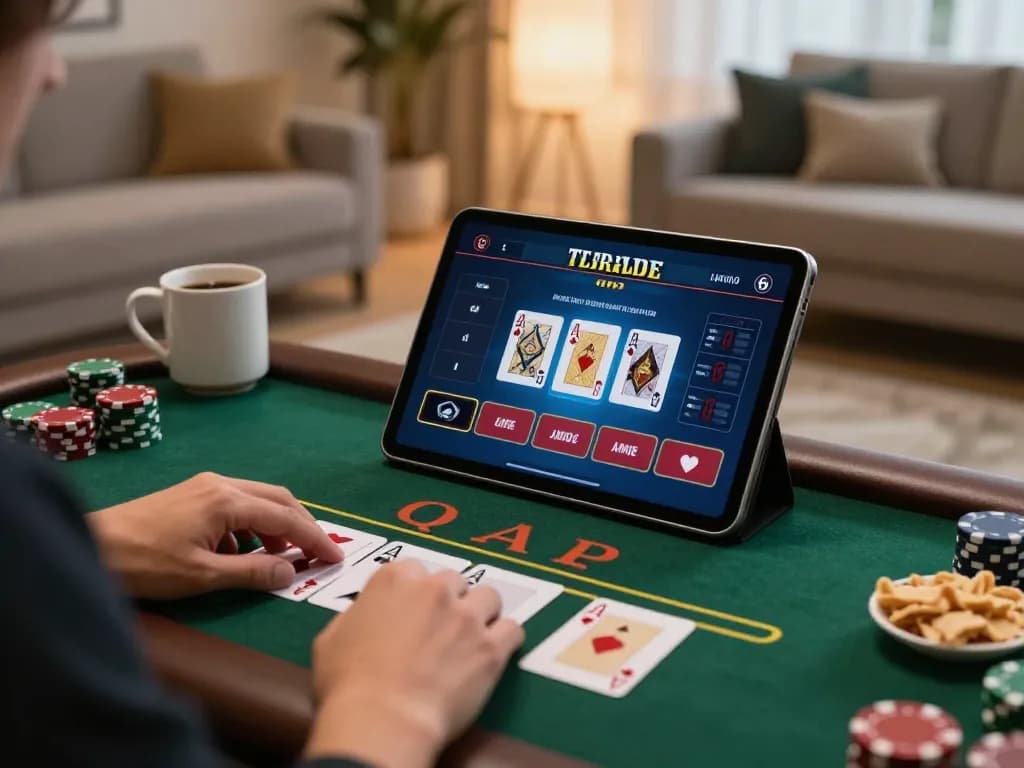 Engaging in live dealer blackjack on LGOLUX platform, cozy home setting