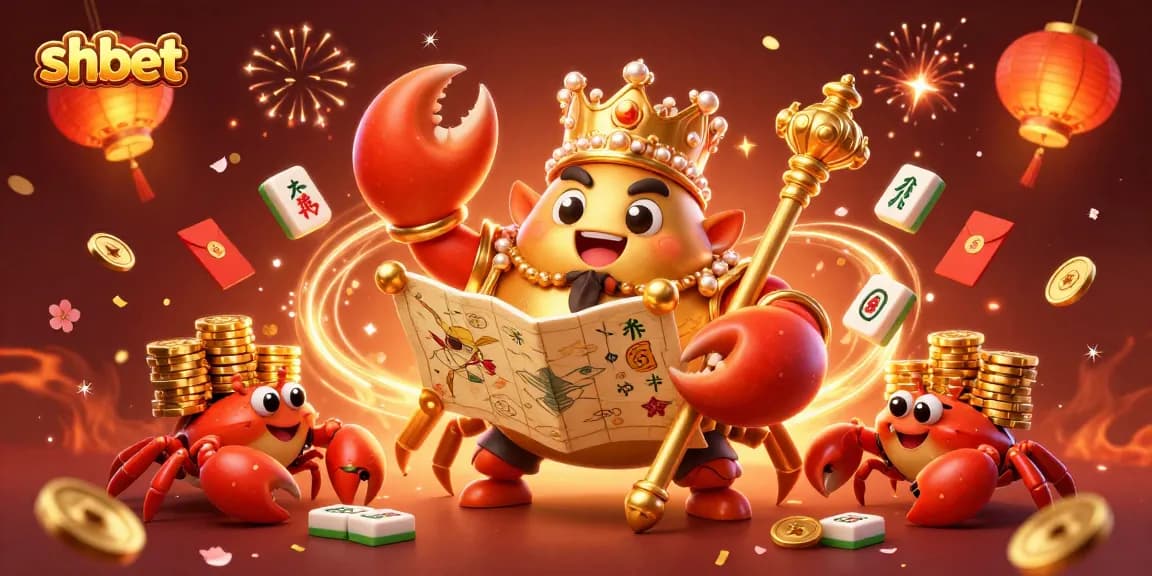 Engage with shbet through a vibrant 3D scene of a crab emperor amidst festive gambling excitement.