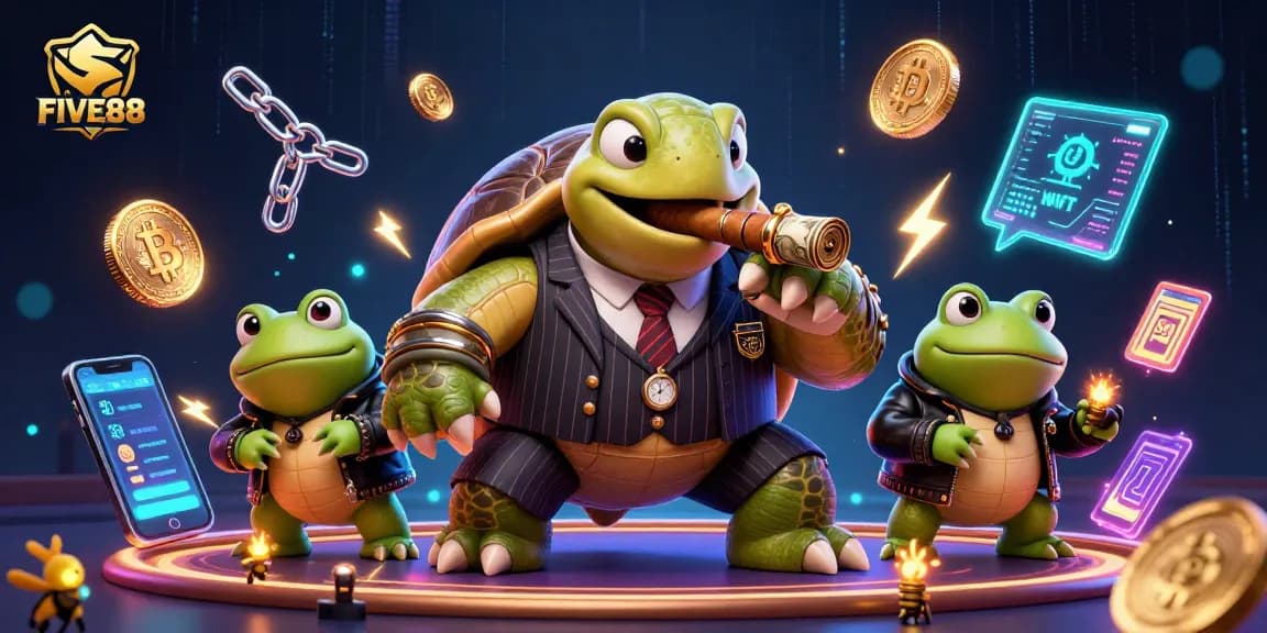 Engage in thrilling games at FIVE88 with a vibrant 3D cartoon illustration of a turtle and frog characters.